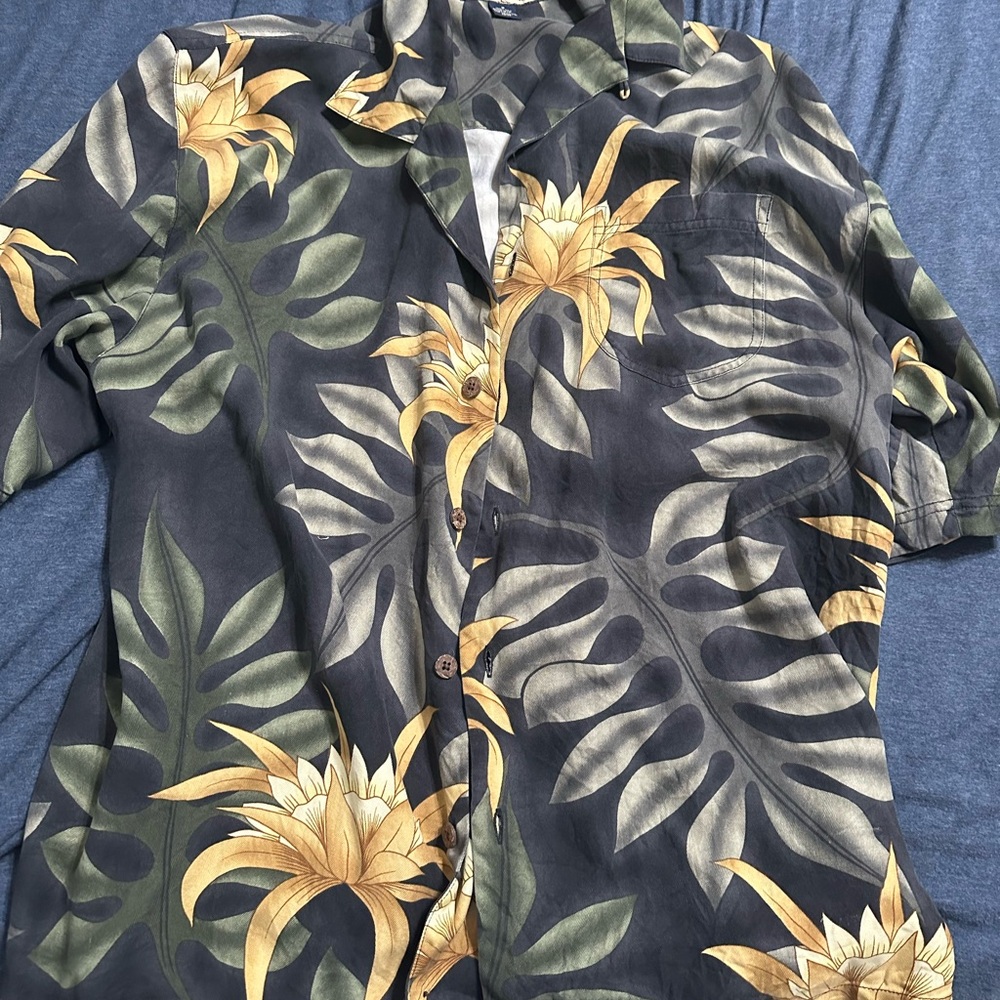 Tommy Bahama Black and Yellow Casual Button Down Shirt with Tropical Print